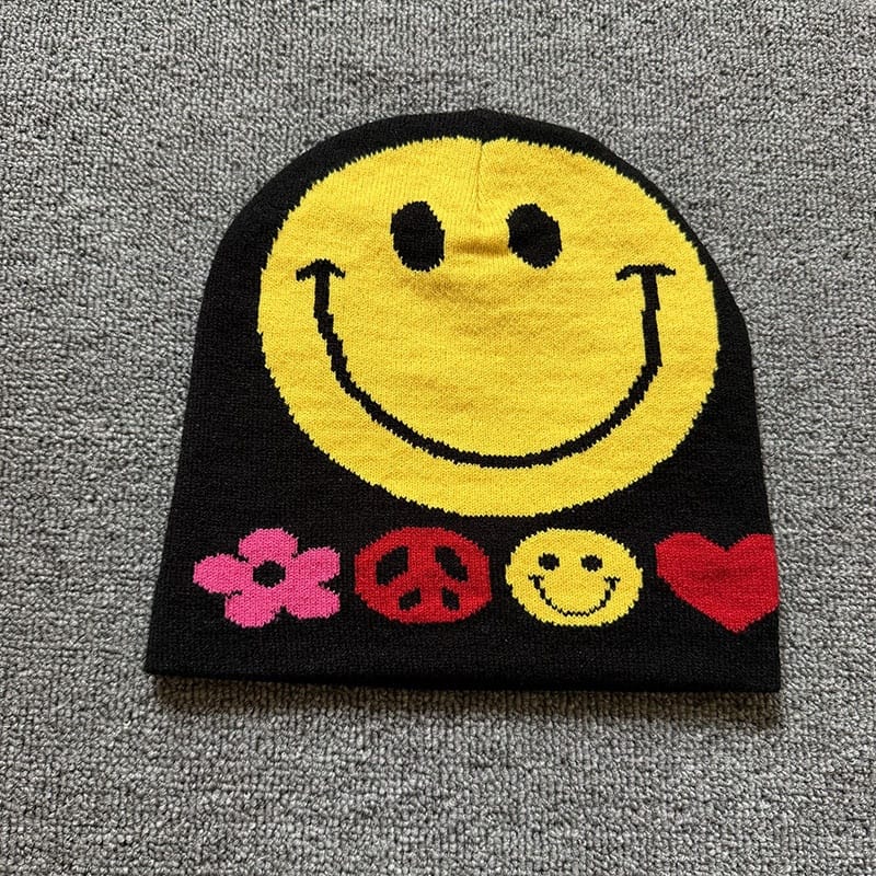 Smiley Peace Knit Beanie Black