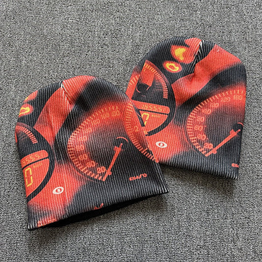 Red Clockwork Graphic Knit Beanie