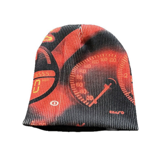 Red Clockwork Graphic Knit Beanie