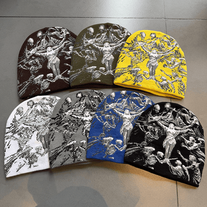 Crucifix Angel Graphic Knit Beanie Brown
