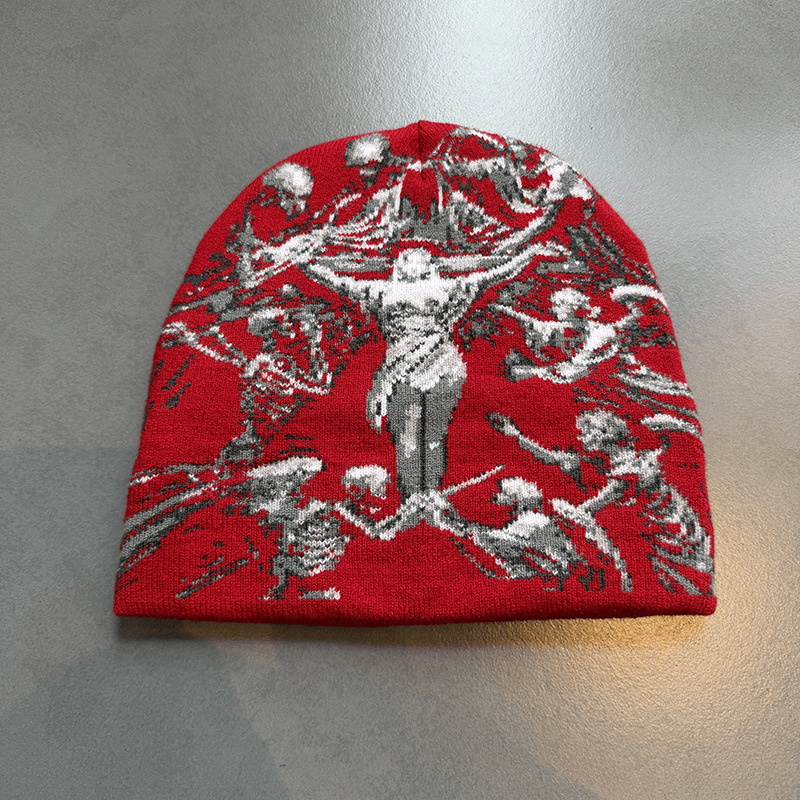 Crucifix Angel Graphic Knit Beanie Red