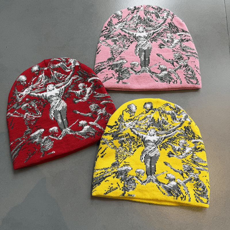 Crucifix Angel Graphic Knit Beanie Pink