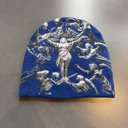 Crucifix Angel Graphic Knit Beanie Royal Blue