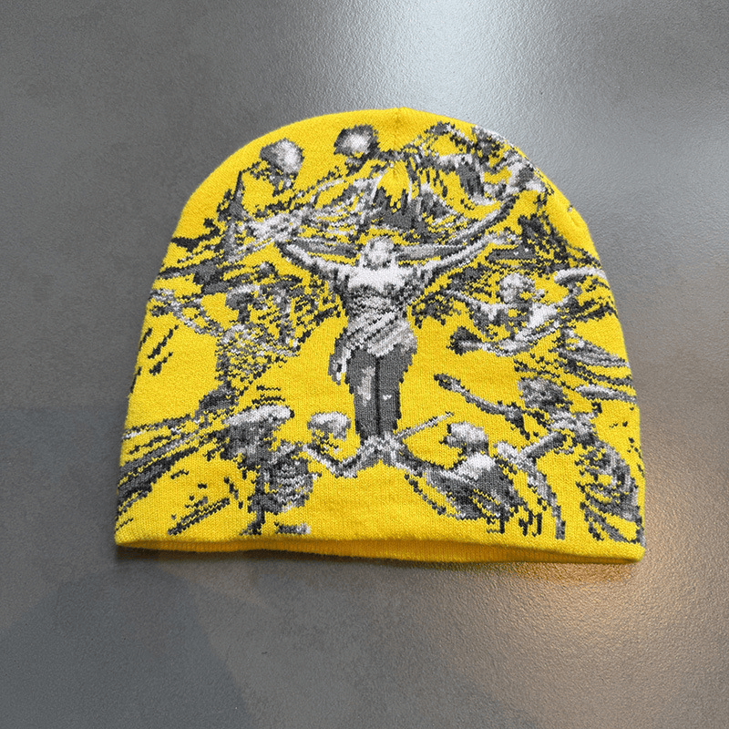Crucifix Angel Graphic Knit Beanie Yellow