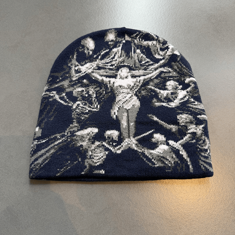 Crucifix Angel Graphic Knit Beanie Navy