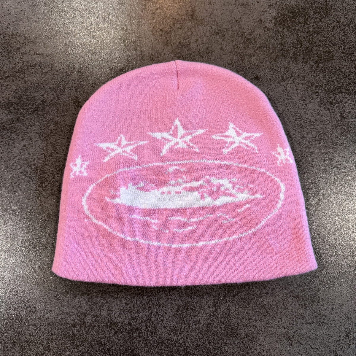 Three Star Oval Graphic Knit Beanie Pink