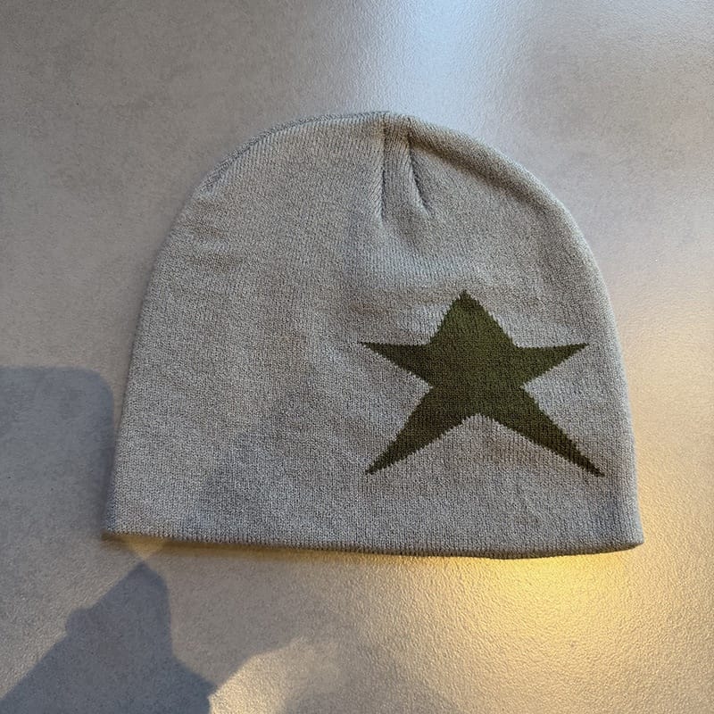 Oversized Star Knit Beanie Gray / Olive Star