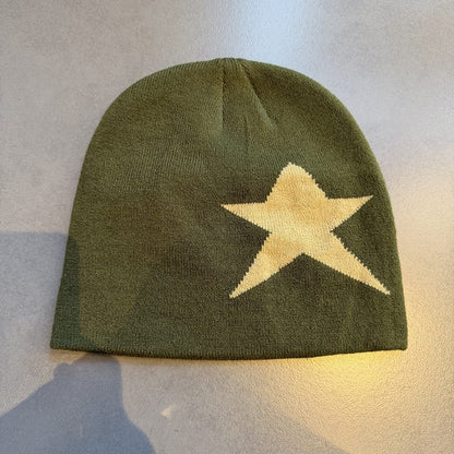 Oversized Star Knit Beanie Olive / Beige Star
