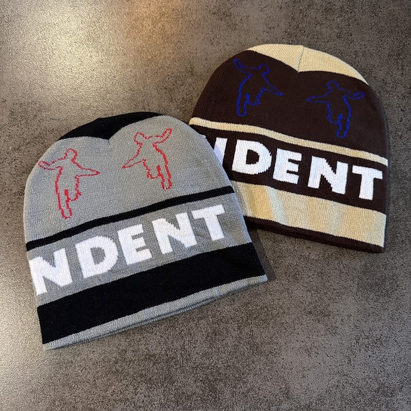Dancing Figures Striped Knit Beanie Purple / Beige