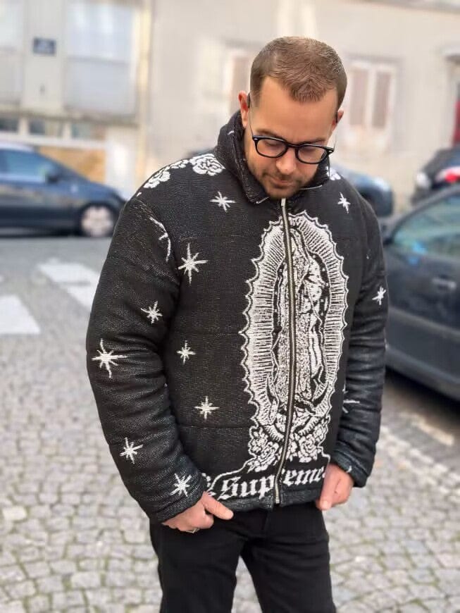 VIRGENCITA BLACK TAPESTRY JACKET - RDMCLOTHINGART