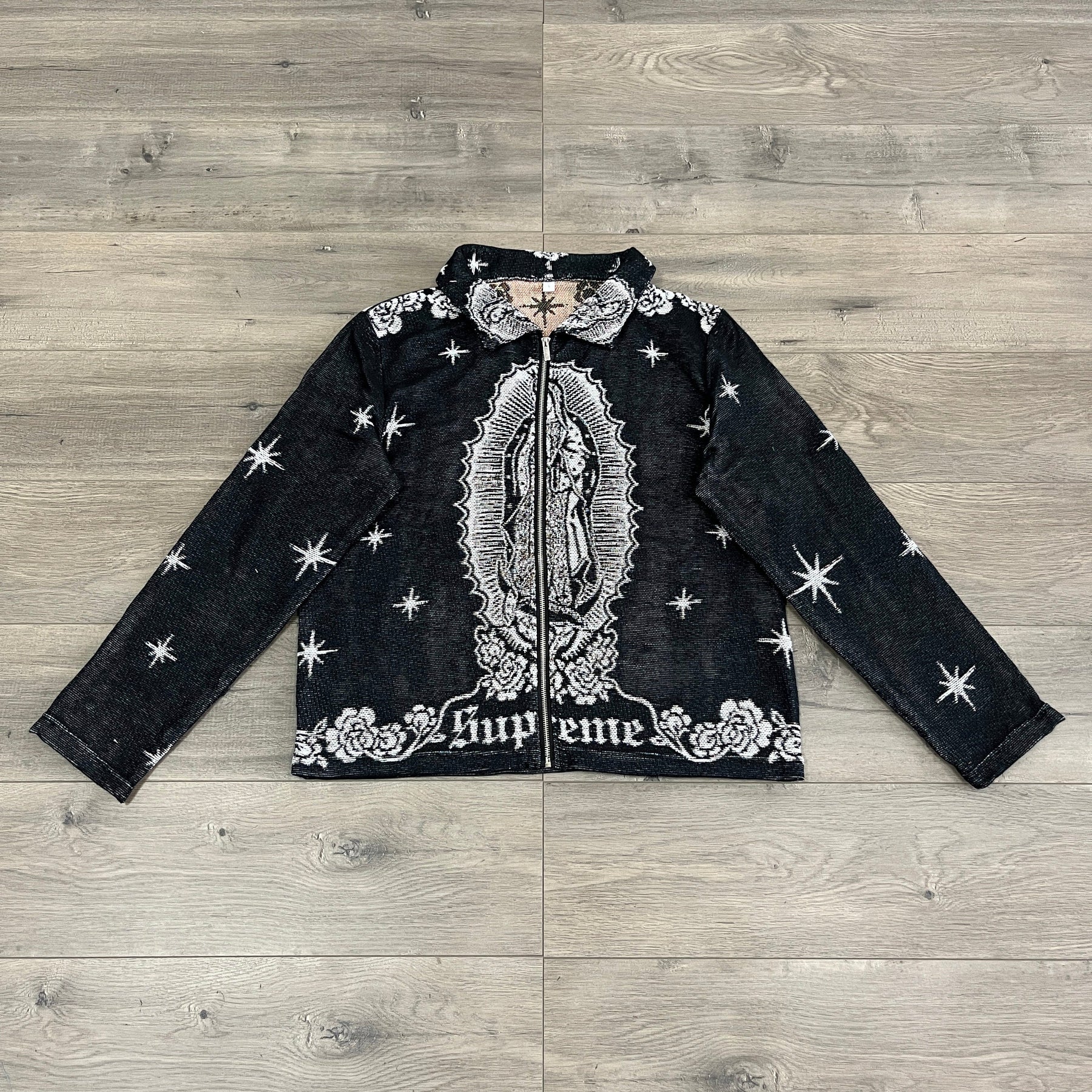 VIRGENCITA BLACK TAPESTRY JACKET - RDMCLOTHINGART