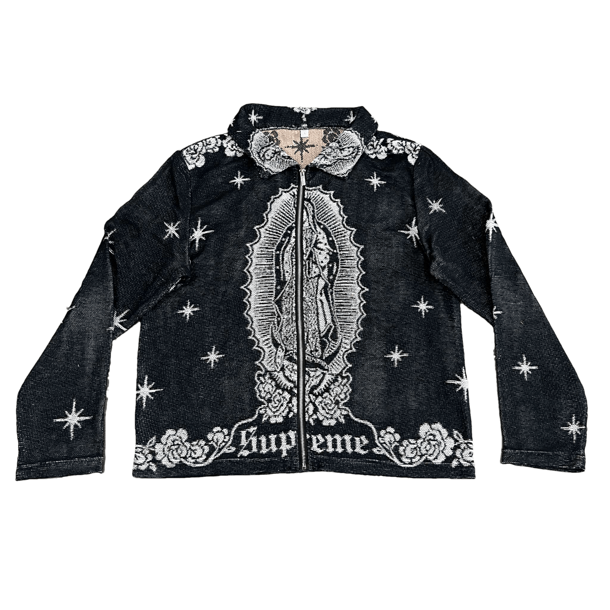 VIRGENCITA BLACK TAPESTRY JACKET - RDMCLOTHINGART